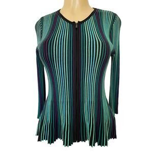 St John Ribbed Knit Peplum Sweater Top Striped 3/4 Sleeve Zip Front Blue…